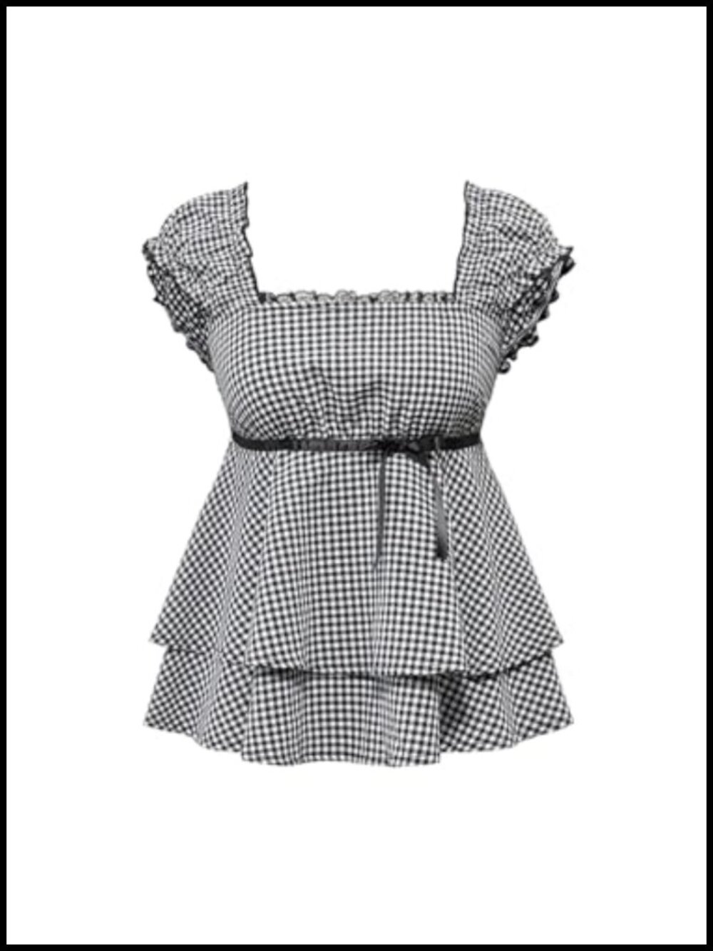 Floerns Women's Plus Size Gingham Babydoll Top Square Neck Bow Tie Ruffle Hem